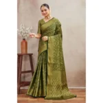 Generic Women's Silk Blend Floral Printed Saree With Unstitched Blouse 5.5Mtr (Green) - Image 4