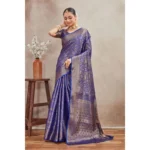 Generic Women's Silk Blend Floral Printed Saree With Unstitched Blouse 5.5Mtr (Royal Blue) - Image 3