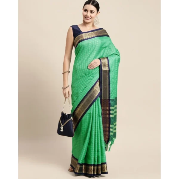 Generic Women's Cotton Silk Checkered Saree With Unstitched Blouse 5.5Mtr (Green)