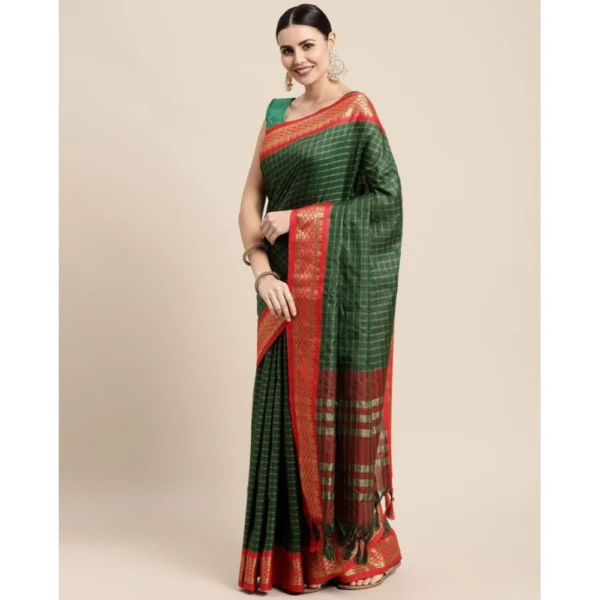 Generic Women's Cotton Silk Checkered Saree With Unstitched Blouse 5.5Mtr (B Green)