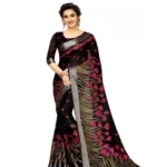 Generic Women's Cotton Linen Digital Print Saree With Unstitched Blouse 5.5Mtr (Black) - Image 2