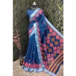 Generic Women's Cotton Linen Digital Print Saree With Unstitched Blouse 5.5Mtr (Blue) - Image 3