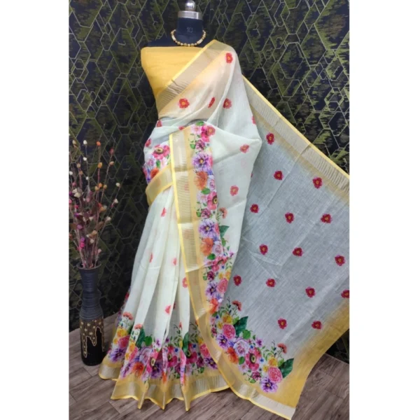 Generic Women's Cotton Linen Woven Design Saree With Unstitched Blouse 5.5Mtr (Yellow)