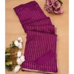 Generic Women's Vichitra Silk Striped Saree With Unstitched Blouse 5.5Mtr (Purple) - Image 2