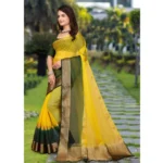 Generic Women's Khadi Cotton  Solid Saree With Unstitched Blouse 5.5Mtr (Yellow) - Image 2