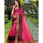 Generic Women's Khadi Cotton  Solid Saree With Unstitched Blouse 5.5Mtr (Pink) - Image 2