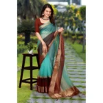 Generic Women's Khadi Cotton  Solid Saree With Unstitched Blouse 5.5Mtr (Sky Blue) - Image 2
