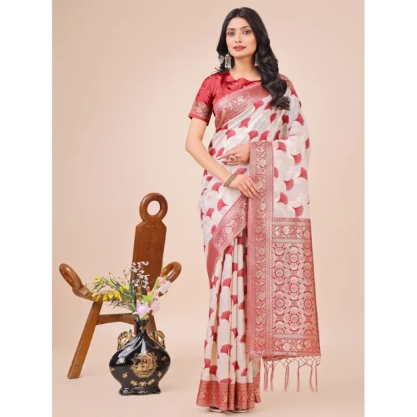 Generic Women's Linen Cotton Printed Saree With Unstitched Blouse 5.5Mtr (Red)
