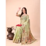 Generic Women's Linen Cotton Printed Saree With Unstitched Blouse 5.5Mtr (Light Green) - Image 2