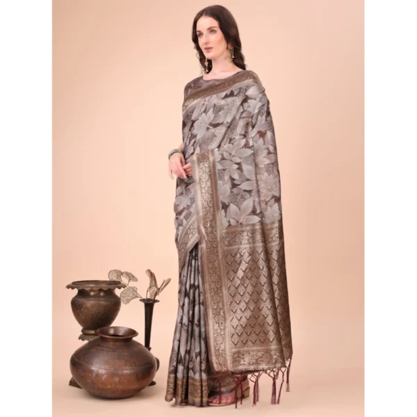 Generic Women's Cotton Printed Saree With Unstitched Blouse 5.5Mtr (Brown)