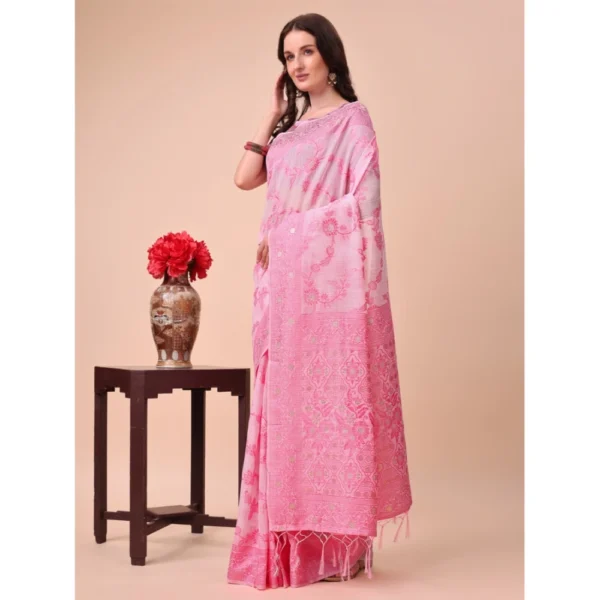 Generic Women's Cotton Printed Saree With Unstitched Blouse 5.5Mtr (Pink)