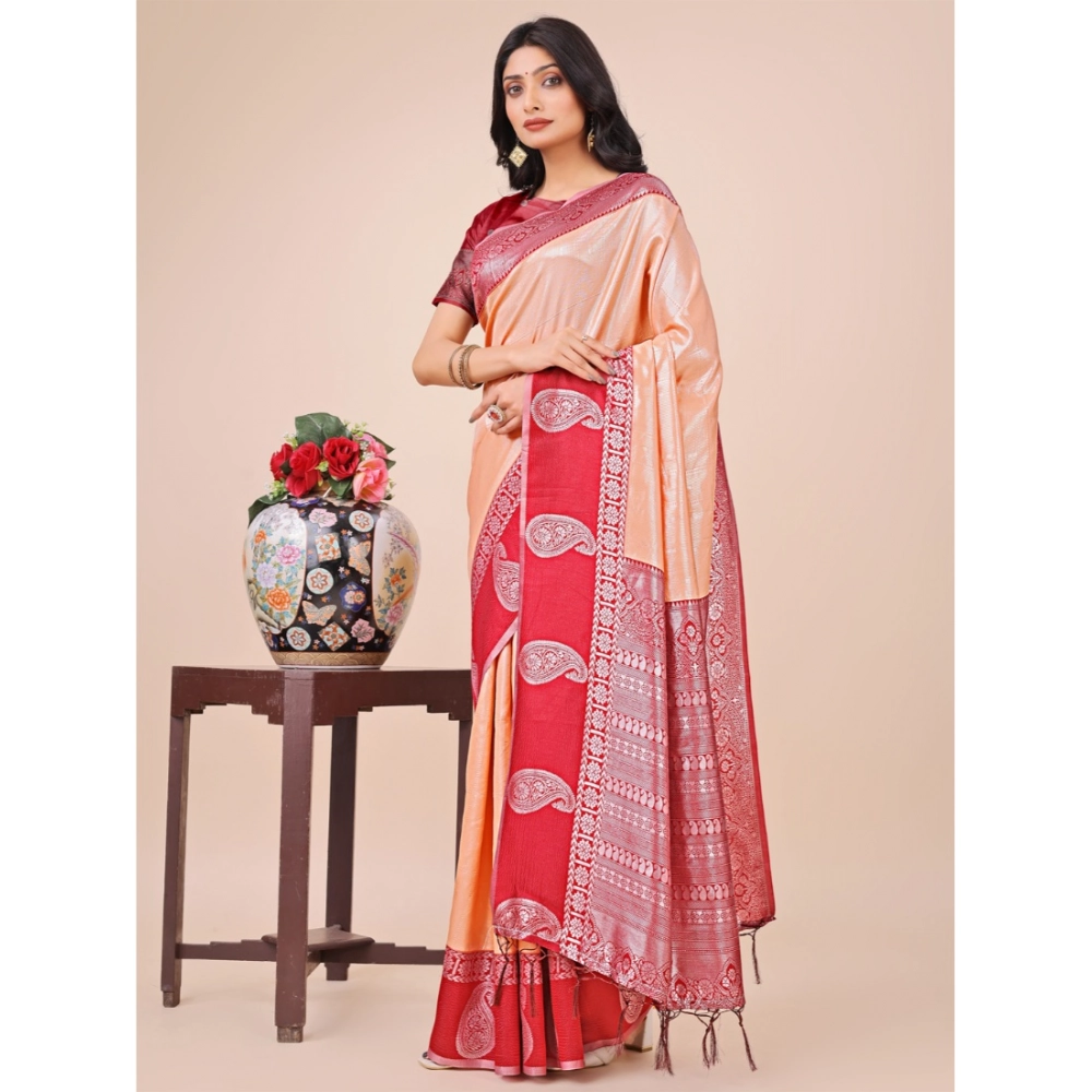 54441556107_30d297123f_o_d-1000x1000-1.webp Generic Women's Lichi Silk Printed Saree With Unstitched Blouse 5.5Mtr (Peach) - Image 1