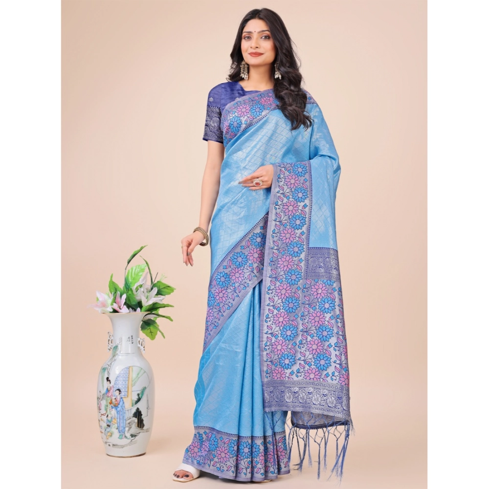 54441557252_38598d9417_o_d-1000x1000-1.webp Generic Women's Lichi Silk Printed Saree With Unstitched Blouse 5.5Mtr (Sky Blue) - Image 1