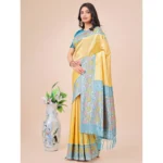 Generic Women's Lichi Silk Printed Saree With Unstitched Blouse 5.5Mtr (Yellow) - Image 2