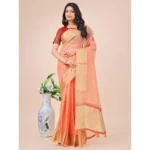 Generic Women's Organza Printed Saree With Unstitched Blouse 5.5Mtr (Peach) - Image 2