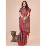 Generic Women's Cotton Printed Saree With Unstitched Blouse 5.5Mtr (Red) - Image 2