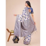 Generic Women's Linen Cotton Printed Saree With Unstitched Blouse 5.5Mtr (Blue) - Image 3