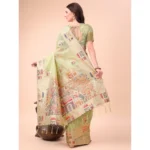 Generic Women's Linen Cotton Printed Saree With Unstitched Blouse 5.5Mtr (Light Green) - Image 3