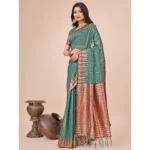 Generic Women's Linen Cotton Printed Saree With Unstitched Blouse 5.5Mtr (Green) - Image 2