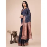 Generic Women's Linen Cotton Printed Saree With Unstitched Blouse 5.5Mtr (Navy Blue) - Image 2
