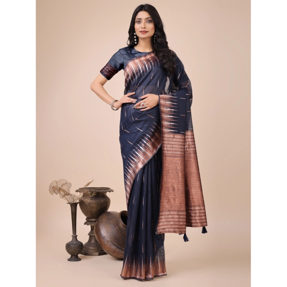 54442603509_140cfda4d7_o_d-1000x1000-1.webp Generic Women's Linen Cotton Printed Saree With Unstitched Blouse 5.5Mtr (Navy Blue) - Image 1