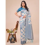Generic Women's Linen Cotton Printed Saree With Unstitched Blouse 5.5Mtr (Teal)