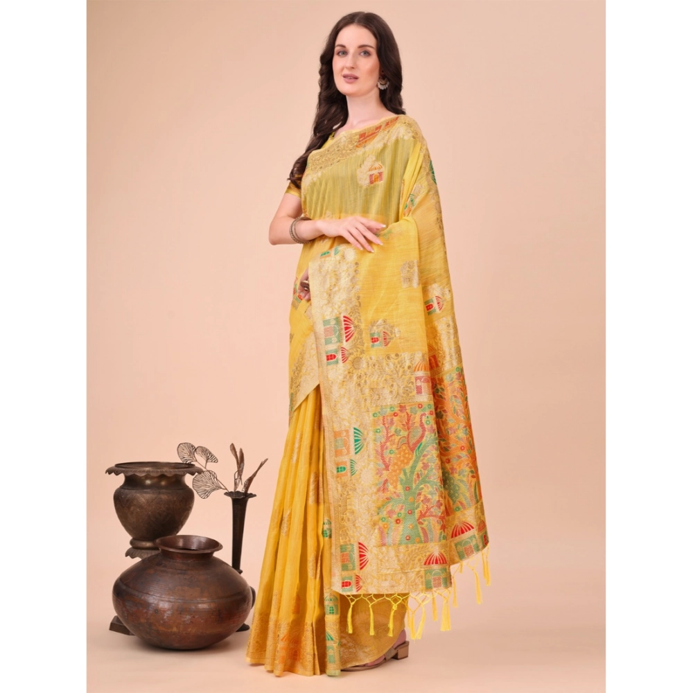 54442660128_8dd5fdc75e_o_d-1000x1000-1.webp Generic Women's Linen Cotton Printed Saree With Unstitched Blouse 5.5Mtr (Yellow) - Image 1