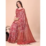 Generic Women's Cotton Printed Saree With Unstitched Blouse 5.5Mtr (Red) - Image 2