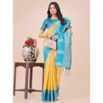 Generic Women's Lichi Silk Printed Saree With Unstitched Blouse 5.5Mtr (Yellow) - Image 2