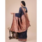 Generic Women's Linen Cotton Printed Saree With Unstitched Blouse 5.5Mtr (Navy Blue) - Image 3