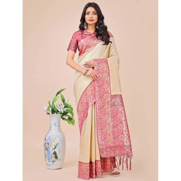 Generic Women's Lichi Silk Printed Saree With Unstitched Blouse 5.5Mtr (Cream)