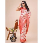 Generic Women's Linen Cotton Printed Saree With Unstitched Blouse 5.5Mtr (Red) - Image 2