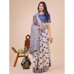 Generic Women's Linen Cotton Printed Saree With Unstitched Blouse 5.5Mtr (Blue) - Image 2