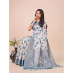 Generic Women's Linen Cotton Printed Saree With Unstitched Blouse 5.5Mtr (Sky Blue) - Image 2
