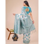 Generic Women's Linen Cotton Printed Saree With Unstitched Blouse 5.5Mtr (Teal) - Image 3