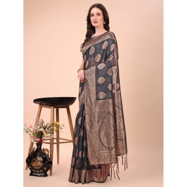 Generic Women's Cotton Printed Saree With Unstitched Blouse 5.5Mtr (Black)