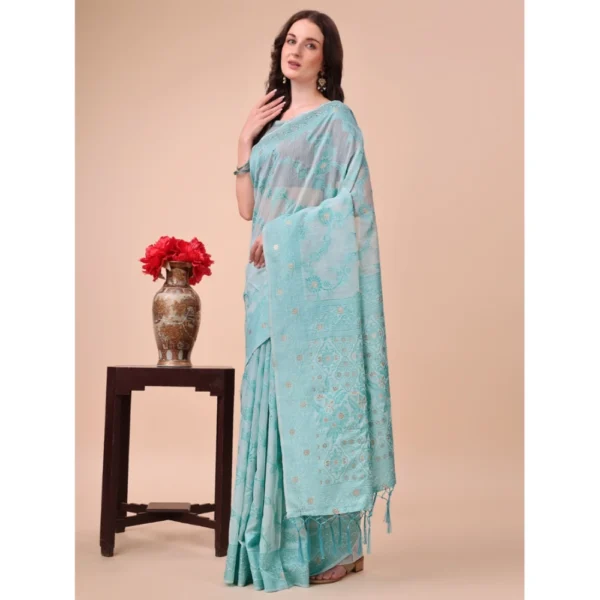 Generic Women's Cotton Printed Saree With Unstitched Blouse 5.5Mtr (Sky Blue)