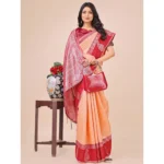 Generic Women's Lichi Silk Printed Saree With Unstitched Blouse 5.5Mtr (Peach) - Image 2