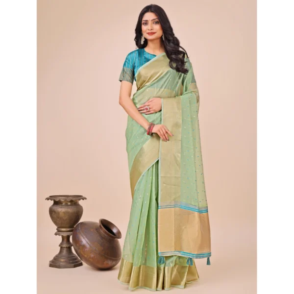 Generic Women's Organza Printed Saree With Unstitched Blouse 5.5Mtr (Green)
