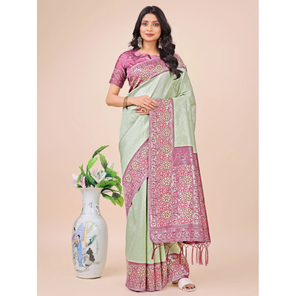 54442784070_4228830a98_o_d-1000x1000-1.webp Generic Women's Lichi Silk Printed Saree With Unstitched Blouse 5.5Mtr (Olive Green) - Image 1