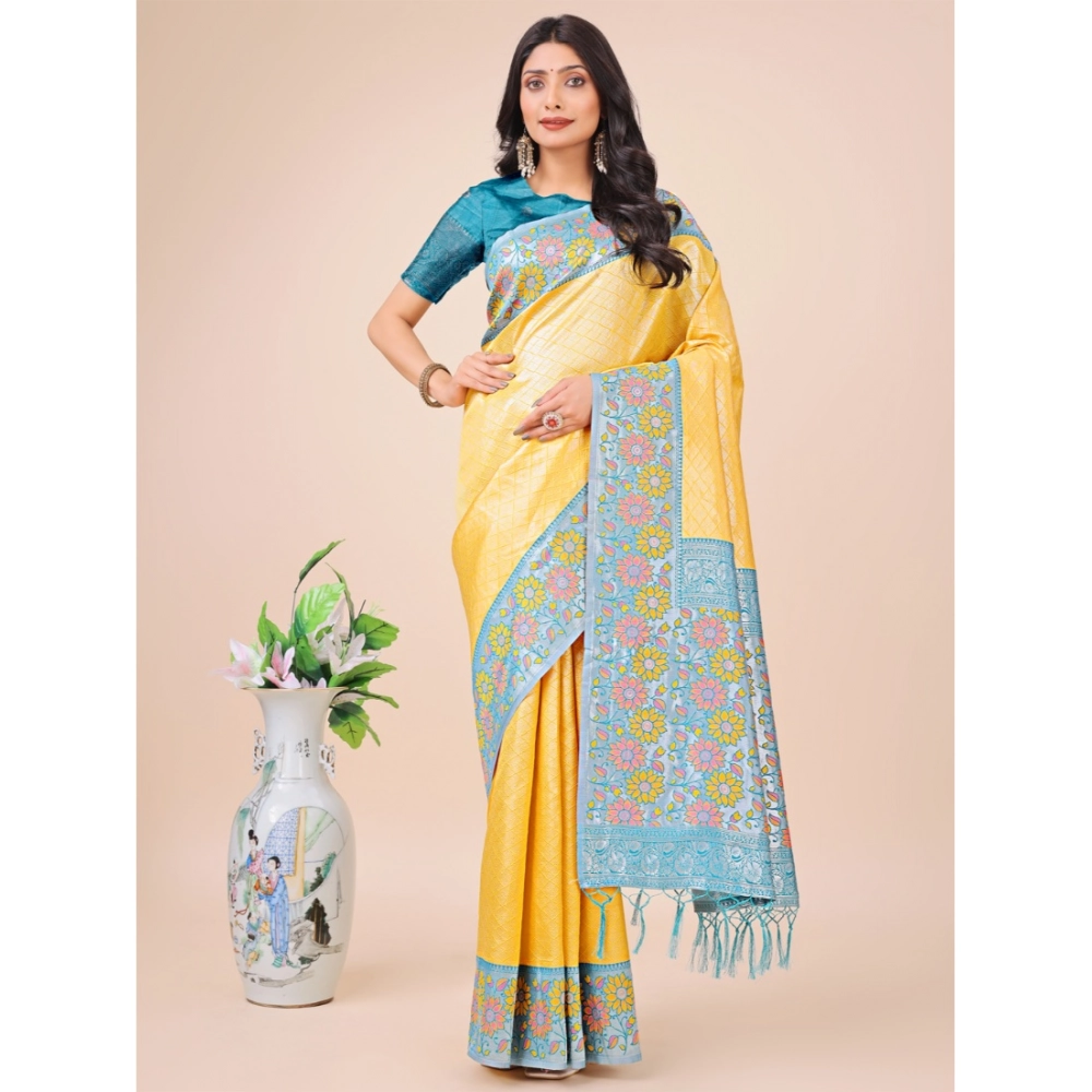 54442784105_e56a42c0d5_o_d-1000x1000-1.webp Generic Women's Lichi Silk Printed Saree With Unstitched Blouse 5.5Mtr (Yellow) - Image 1