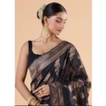 Generic Women's Silk Printed Saree With Unstitched Blouse 5.5Mtr (Black) - Image 3