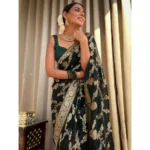 Generic Women's Silk Printed Saree With Unstitched Blouse 5.5Mtr (Dark Green) - Image 3