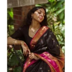 Generic Women's Silk Printed Saree With Unstitched Blouse 5.5Mtr (Black-Pink) - Image 2
