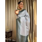 Generic Women's Silk Printed Saree With Unstitched Blouse 5.5Mtr (Grey) - Image 2