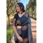 Generic Women's Silk Printed Saree With Unstitched Blouse 5.5Mtr (Grey) - Image 3