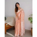 Generic Women's Cotton  Printed Saree With Unstitched Blouse 5.5Mtr (Peach) - Image 2