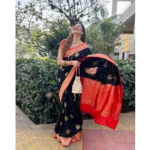 Generic Women's Silk Printed Saree With Unstitched Blouse 5.5Mtr (Black-Red) - Image 2