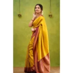 Generic Women's Silk Printed Saree With Unstitched Blouse 5.5Mtr (Yellow) - Image 3