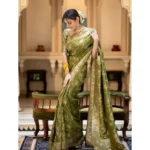Generic Women's Silk Printed Saree With Unstitched Blouse 5.5Mtr (Olive Green) - Image 2